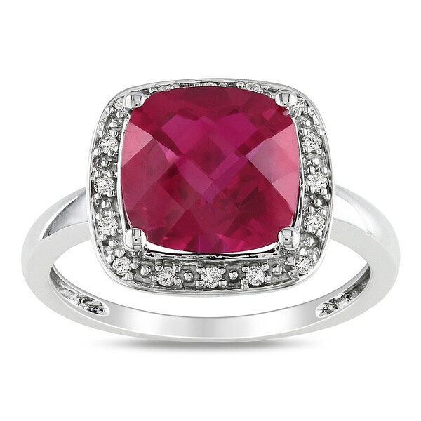 Miadora 10k White Gold Created Ruby and 1/10ct TDW Diamond Ring (G H, I2) Miadora Gemstone Rings