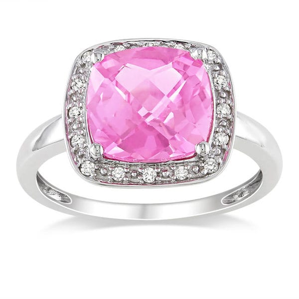 Miadora 10k White Gold Created Pink Sapphire and 1/10ct TDW Diamond Ring Miadora Gemstone Rings