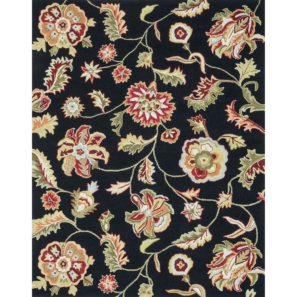 Hand-hooked Peony Black Floral Rug