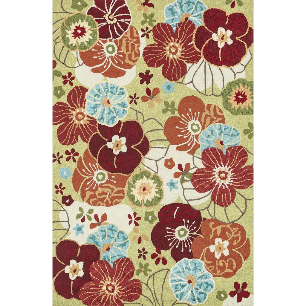 Hand-hooked Peony Apple Green Floral Rug