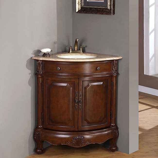 Silkroad Exclusive Single Sink 32inch Travertine Top Corner Sink Vanity Cabinet  Free Shipping 