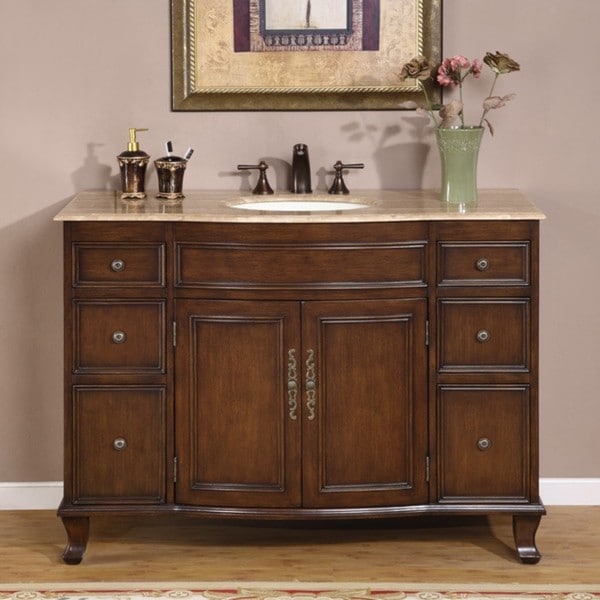 Silkroad Exclusive Single Sink 48-inch Travertine Top Vanity Cabinet - Overstock - 6198504