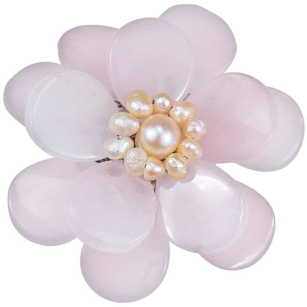 Clear Quartz and Natural White Pearl Azalea Floral Brooch (5 6 mm