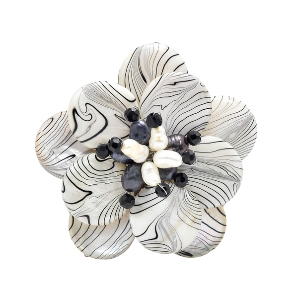 Handmade Zebra Stripe Natural Mother of Pearl and Pearl Floral Brooch (Thailand)