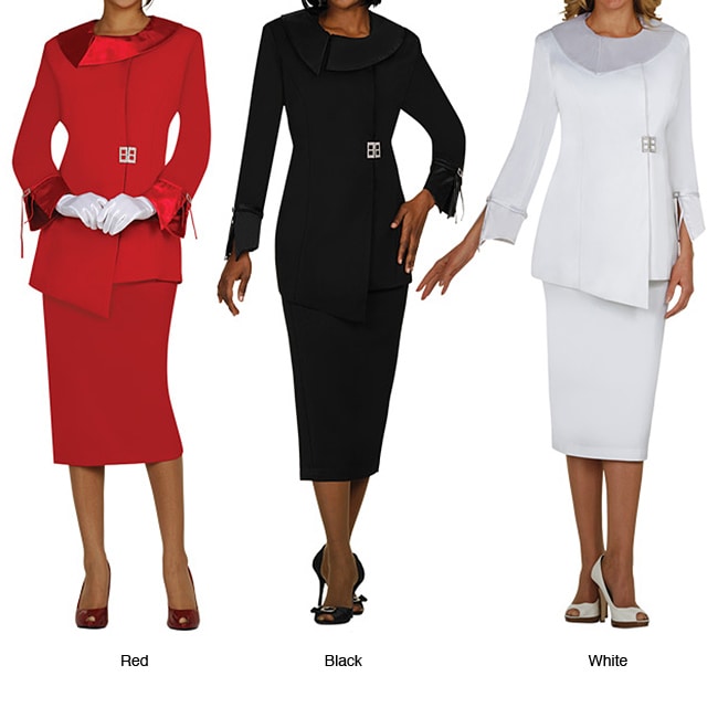 Divine Apparel Womens Plus Size Satin Trimmed Asymmetrical Mid calf Skirt Suit