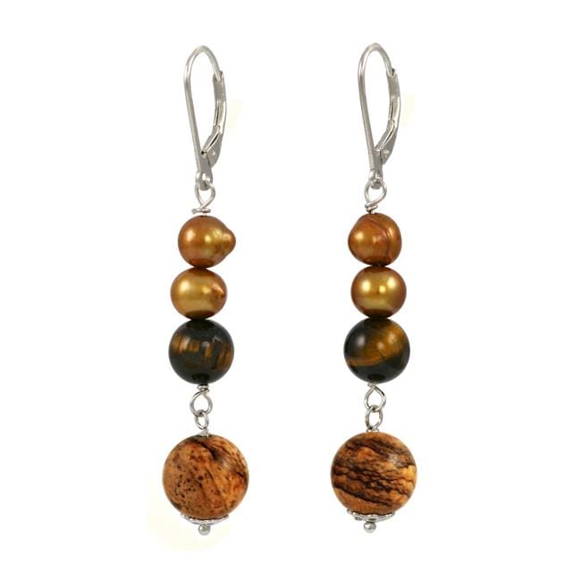 Maddy Emerson Sterling Silver Tiger's Eye, Brown Pearl Earrings (6 7 mm) Gemstone Earrings