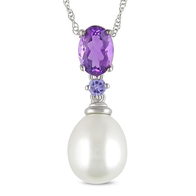 10k Gold Freshwater Pearl, Amethyst, and Tanzanite Necklace (8 9 mm) Pearl Necklaces