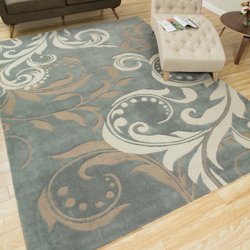 Nourison Contour Luminous Oversized Scrolling Leaves White Grey Hand-tufted Area Rug - 7'3" x 9'3" - Grey - Rectangle