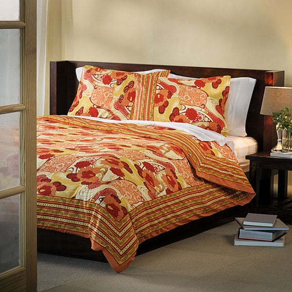 Red/Orange Floral print cotton King Duvet Cover (India)  