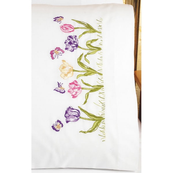 Janlynn Tulip Garden Pillowcase Pair Stamped Embroidery Kit