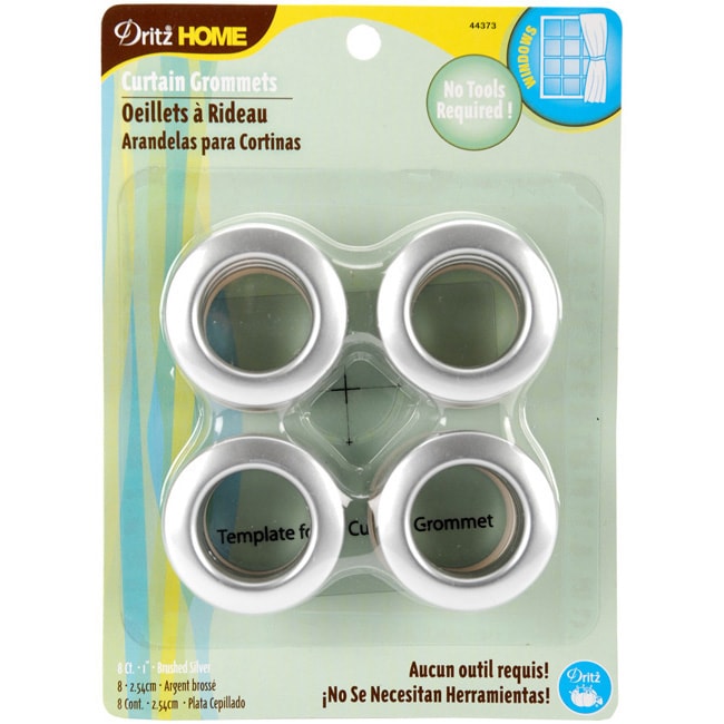 Eight pack Dritz Brushed silver Machine washable Curtain Grommets (Three (3) natural color optionsFinish Brushed silver1 inch diameter grommetFor rods up to .8125 inches For shear to drapery weight fabricsMachine washableGrommet tool not requiredImported