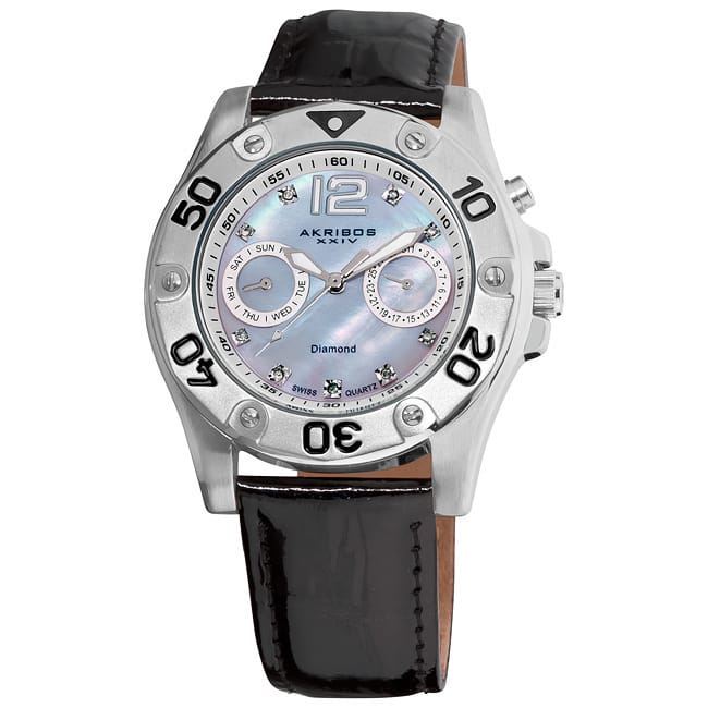 Akribos XXIV Women's Black-Strap Diamond Multifunction Watch