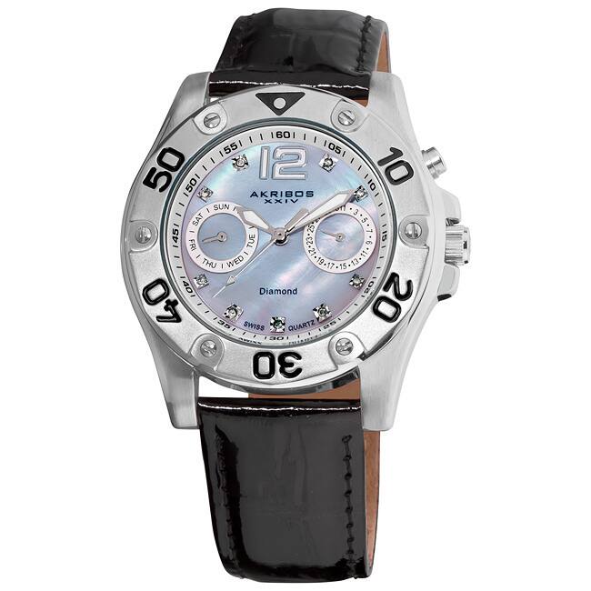 Akribos XXIV Women's Black-Strap Diamond Multifunction Watch