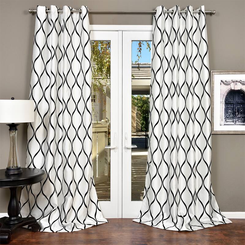 Lambrequin Casa Flocked Faux Silk Window Panel - Black/White - 54 x 96 - 96 Inches
