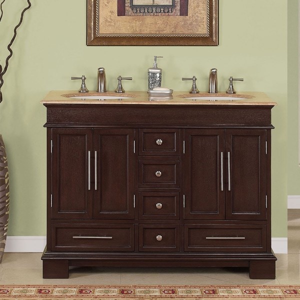 Silkroad Exclusive Travertine Top 48 Inch Double Sink Vanity Cabinet White