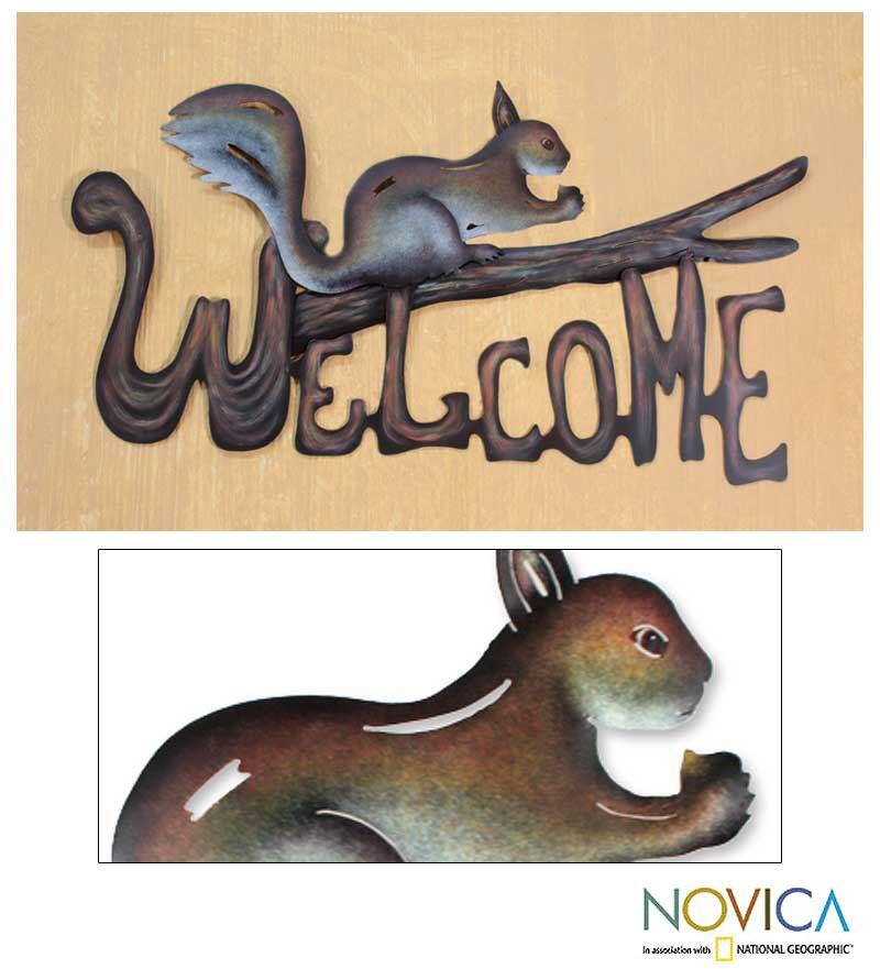 Handmade Steel 'Busy Squirrel' Welcome Sign Sculpture (Mexico)