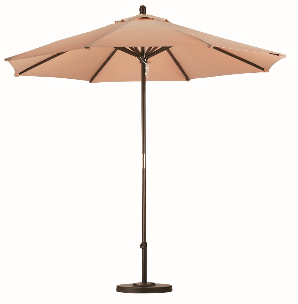 Premium 9 foot Antique Beige Patio Umbrella With Base (Antique beigeMaterials Wood and polyesterPole materials WoodWeatherproof Shade UV Protection Heavy duty 50 pound base includedWeight 15 poundsDimensions 96 inches high x 108 inches wide x 108 inch