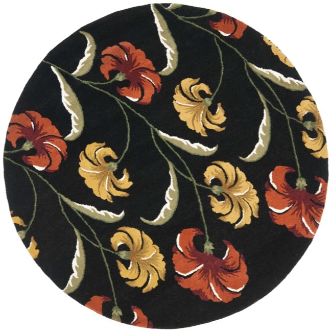 Handmade New Zealand Wool Botanical Black Rug (6 Round)