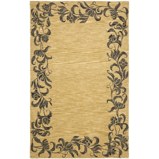 Handmade New Zealand Wool Floral Border Gold Rug (5x 8)