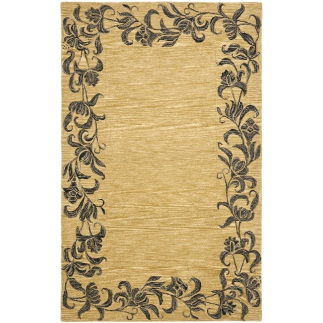 Handmade New Zealand Wool Floral Border Gold Rug (36 X 56)