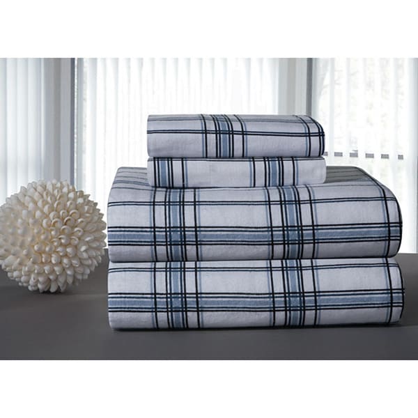 Shop Blue Plaid Printed Flannel Bed Sheet Set - On Sale - Overstock - 6223331