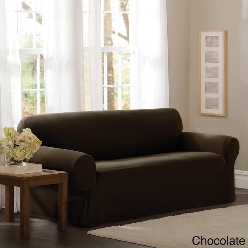 Maytex Stretch Pixel 1 Piece Loveseat Furniture / Slipcover - 34"h x 38"d x 58-73"w - 34"h x 38"d x 58-73"w - Chocolate - Dots/Solid - Casual/Traditional