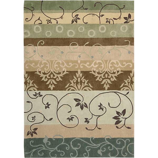 Nourison Contour Classic Damask with Scrolling leaves and Geometric Shapes Hand-tufted Area Rug - 7' 3" x 9' 3" - Green - Rectangle