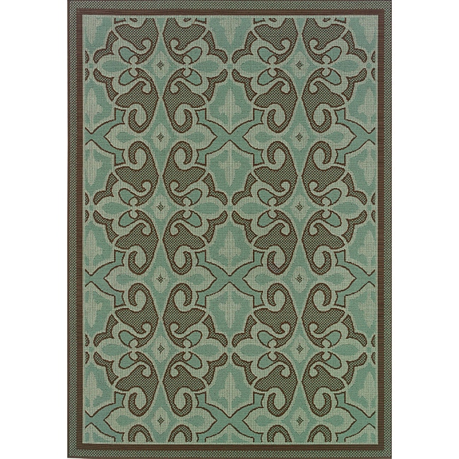 Blue/ Brown Abstract Print Outdoor Area Rug (25 X 45)