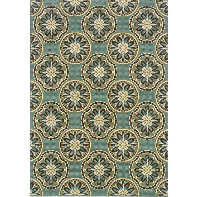 Blue/ Ivory Geometric Outdoor Area Rug (37 X 56)