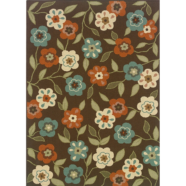 Brown/ivory Floral print Outdoor Area Rug (25 X 45)