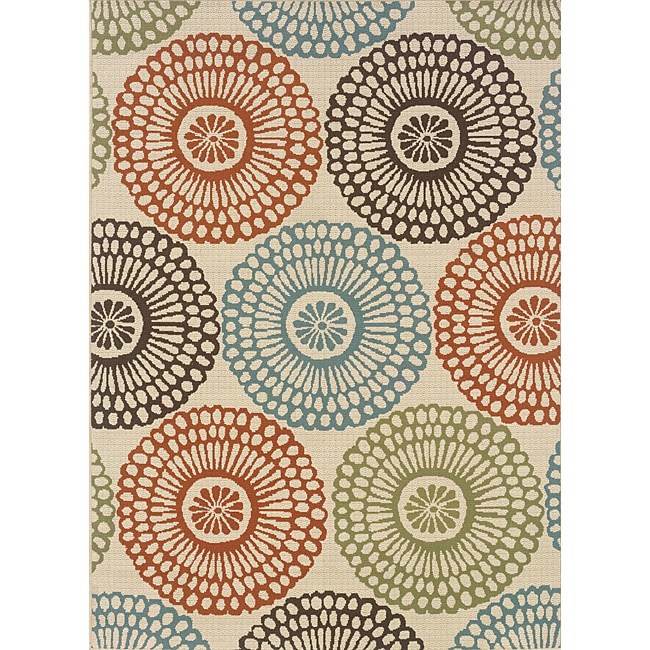 Ivory/red Outdoor Geometric Area Rug (67 X 96)