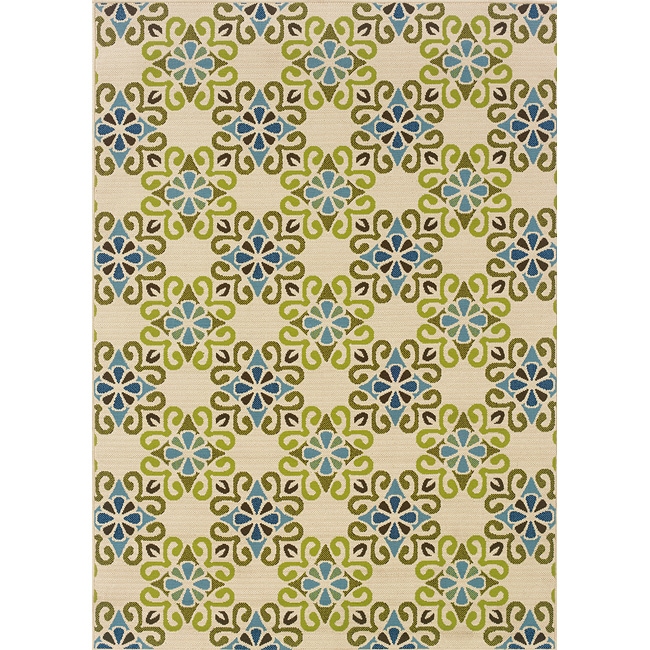 Floral Ivory/blue Outdoor Area Rug (53 X 76)