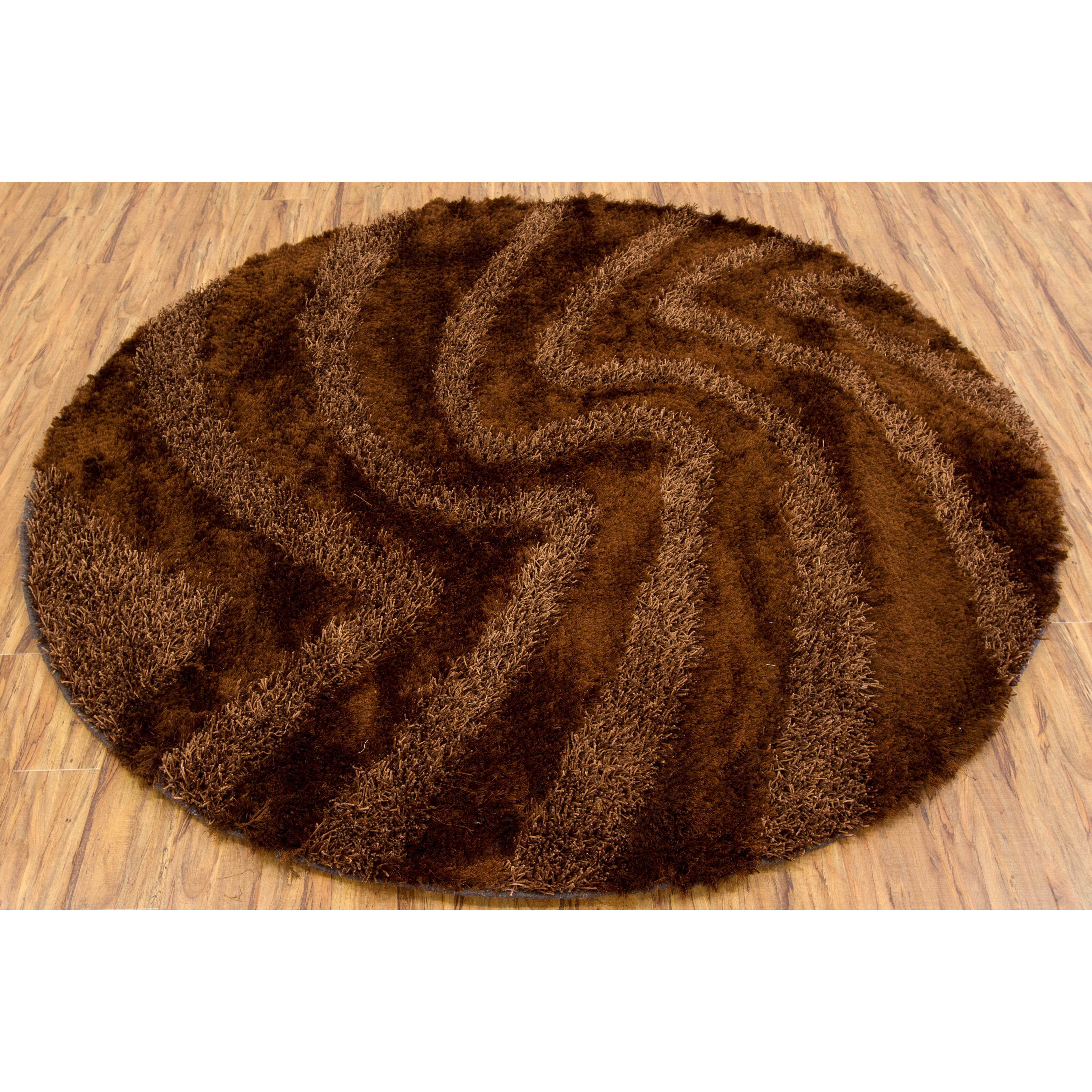 Handwoven Brown Sculptured Mandara Shag Rug (79 Round)