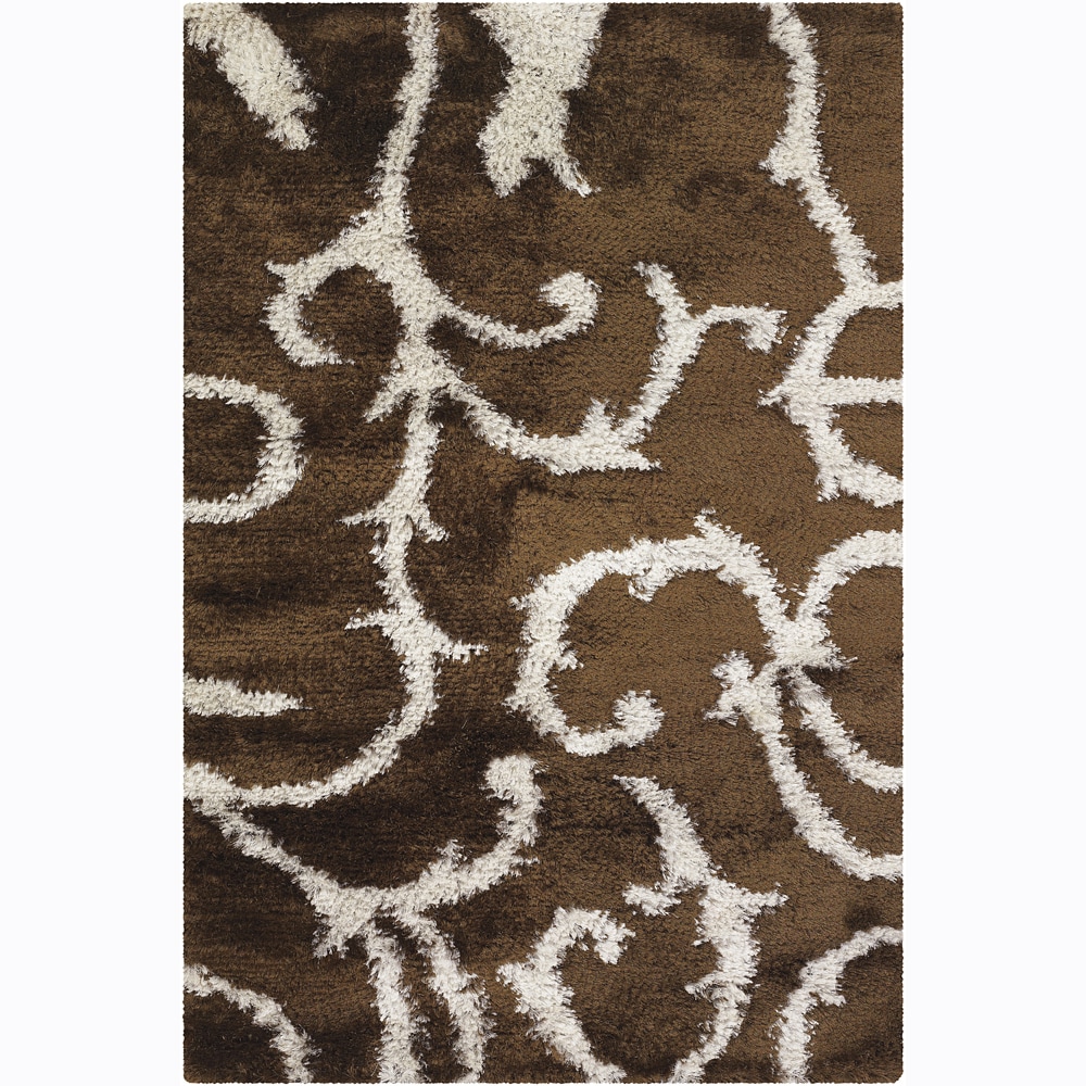 Handwoven White/brown Mandara Shag Rug (79 X 106)