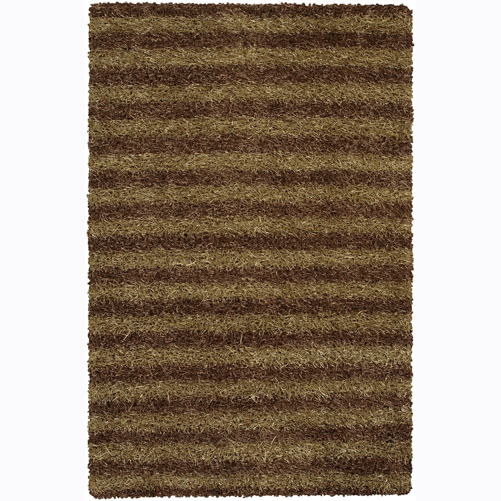 Handwoven Light Gold/brown Striped Mandara Shag Rug (79 Round)