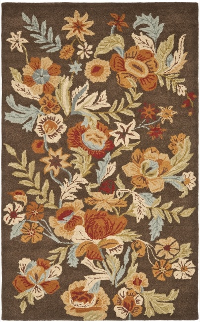 Handmade Blossom motif Brown Canvas backed Wool Rug (5 X 8)