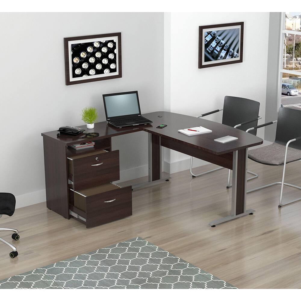 Inval L-shaped 2-drawer Workstation Desk - Silver