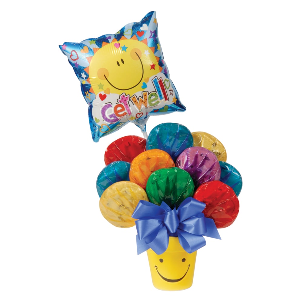 Get Well Assorted Cookie Bouquet and Ceramic Gift Pot with Balloon