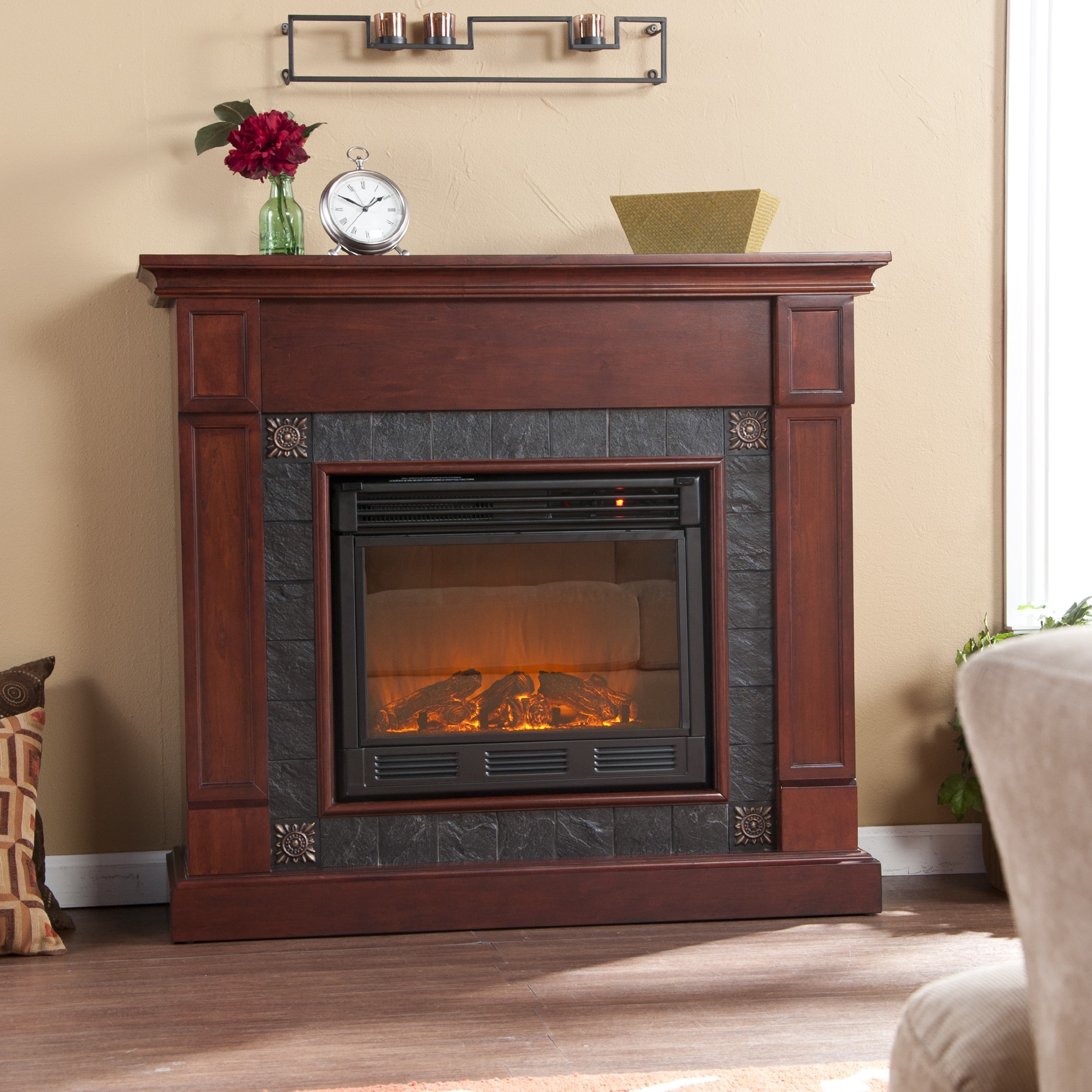 Routh Cherry And Gray Faux Slate Electric Fireplace Overstock 6236512