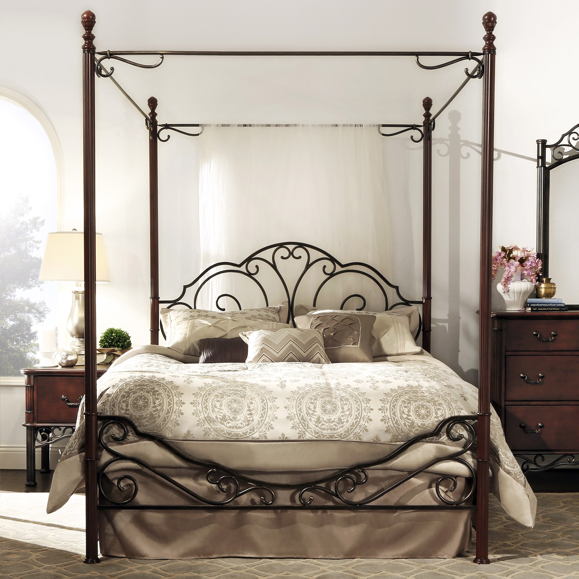 Tribecca Home Leann Gracefull Scrool Iron Metal King size Canopy Bed