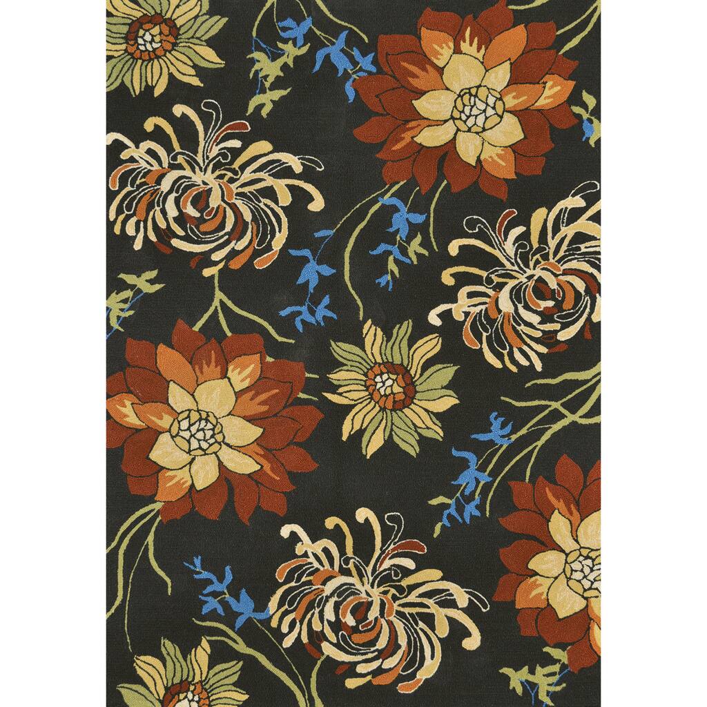 Hand-hooked Coventry Black Floral Indoor/ Outdoor Rug