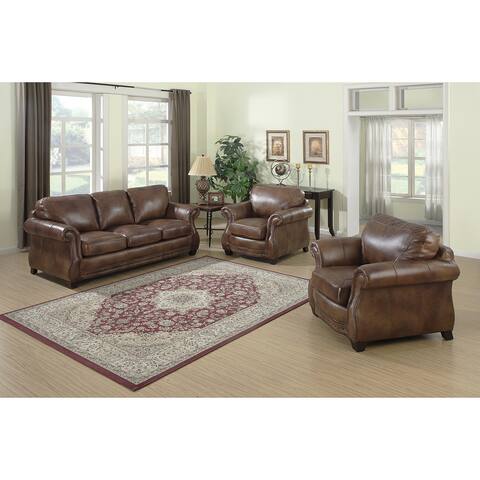 Sterling Cognac Brown Italian Leather Sofa and Two Chairs Set