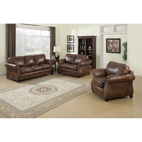 Sterling Cognac Brown Italian Leather Sofa, Loveseat and Chair