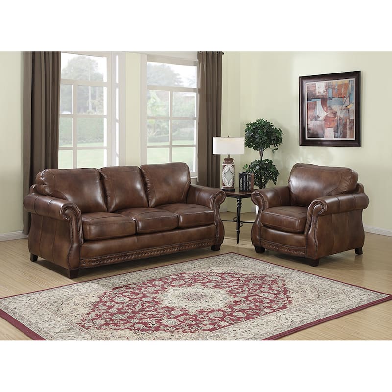 Sterling Cognac Brown Italian Leather Sofa and Chair Set