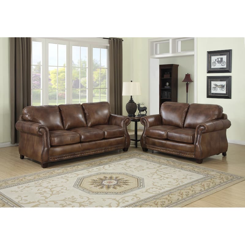 Sterling Cognac Brown Italian Leather Sofa and Loveseat Set
