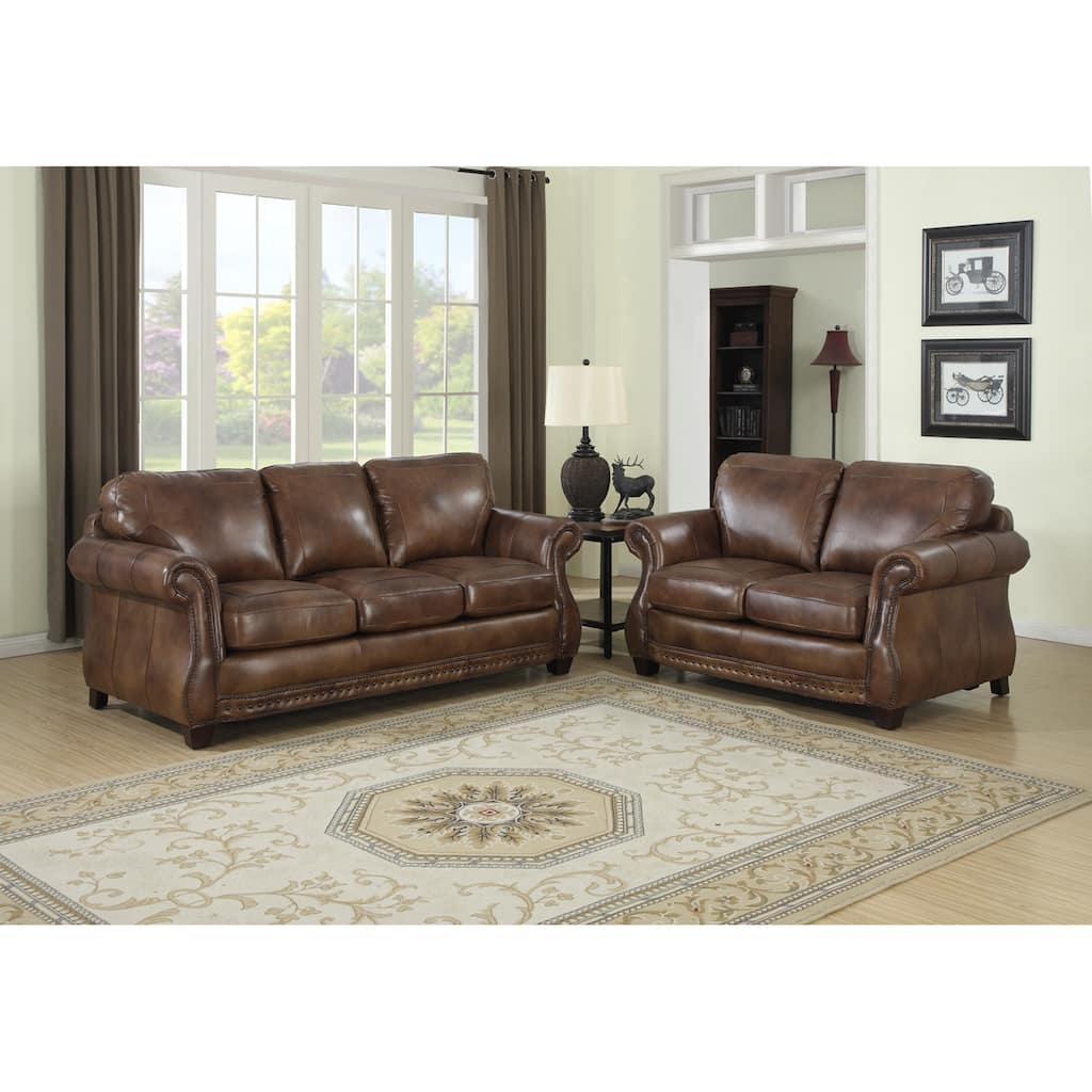 Sterling Cognac Brown Italian Leather Sofa and Loveseat Set