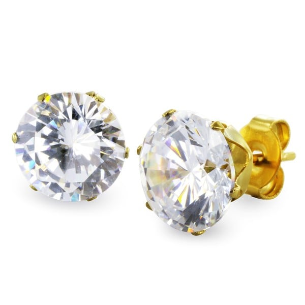 Gold Plated Steel 8mm Cubic Zirconia Stud Earrings (8mm) - White. Opens flyout.