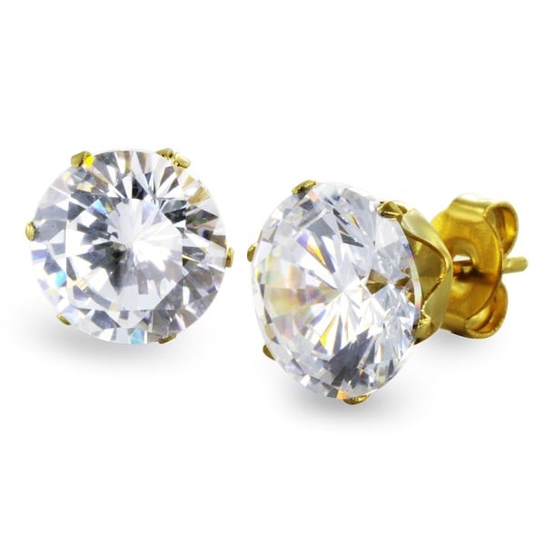 Gold Plated Steel Cubic Zirconia Stud Earrings (9mm) - White. Opens flyout.