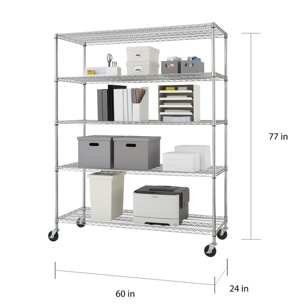 18/"x24 x72/" Adjustable 5-Tier Heavy Duty Steel Wire Shelving Chrome w// 4 Wheels