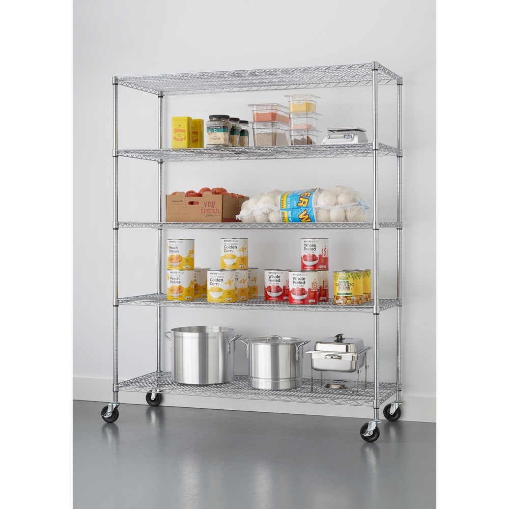 Chrome 5-Tier Rolling Heavy Duty Metal Wire Storage Shelving Unit Cast